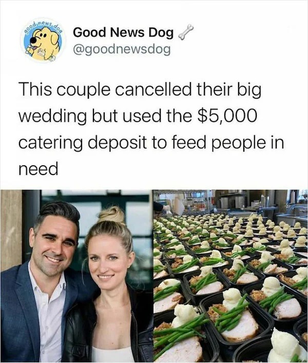 wholesome posts - good news - Good News Dog This couple cancelled their big wedding but used the $5,000 catering deposit to feed people in need good