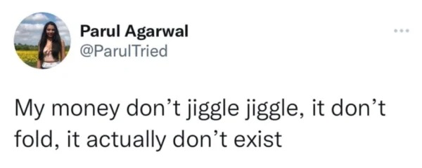 funny tweets  -  Parul Agarwal My money don't jiggle jiggle, it don't fold, it actually don't exist