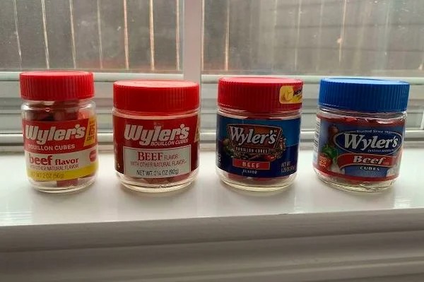 Mom cleaned out her pantry cabinet and found four generations of Wyler’s beef cubes. Oldest one expired 2/14/1989.