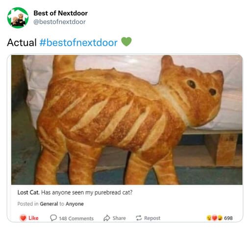 unhinged nextdoor app posts - pure bread cat - Best of Nextdoor Actual Lost Cat. Has anyone seen my purebread cat? Posted in General to Anyone 148 Repost 698