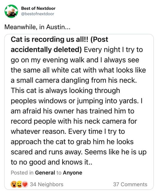 unhinged nextdoor app posts - document - Best of Nextdoor Meanwhile, in Austin... Cat is recording us all!! Post accidentally deleted Every night I try to go on my evening walk and I always see the same all white cat with what looks a small camera danglin