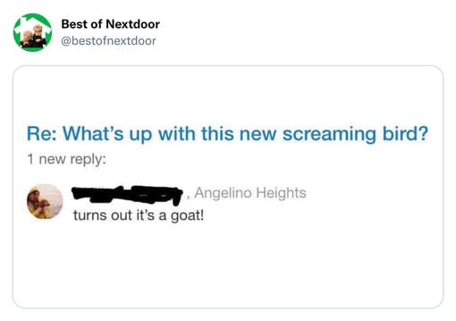 unhinged nextdoor app posts - Best of Nextdoor Re What's up with this new screaming bird? 1 new Angelino Heights turns out it's a goat!