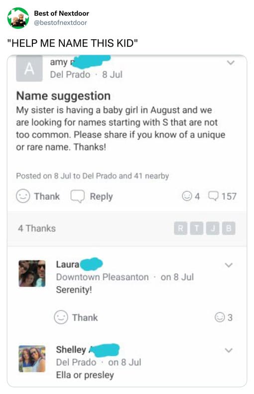unhinged nextdoor app posts - screenshot - Best of Nextdoor "Help Me Name This Kid" amy A Del Prado 8 Jul Name suggestion My sister is having a baby girl in August and we are looking for names starting with S that are not too common. Please if you know of