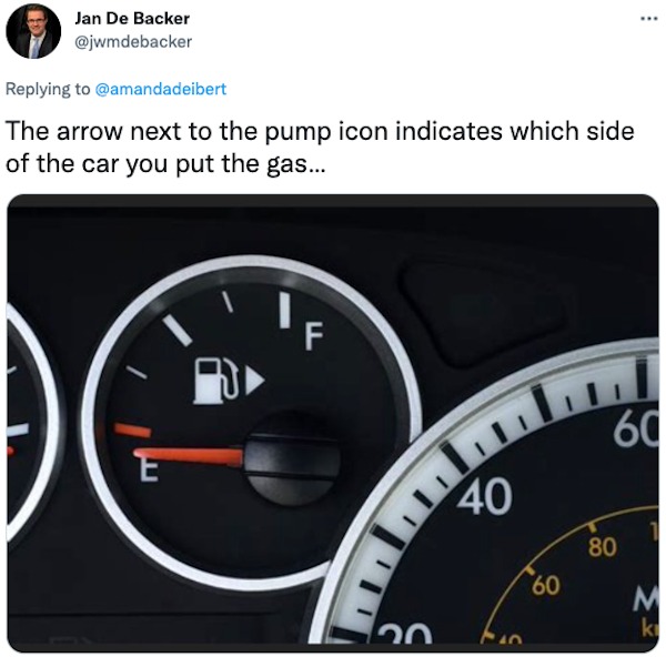 life hacks -- car fuel gauge arrow - Jan De Backer The arrow next to the pump icon indicates which side of the car you put the gas... F 60 E 40 60 80 M k