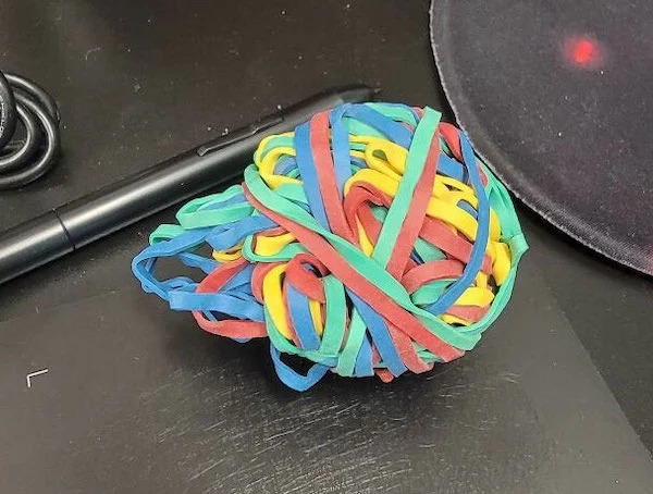 I’ve had this rubber band ball for 6 years, carefully preserving its shape by removing one band at a time. I let a colleague borrow it for one day, and she destroyed it.