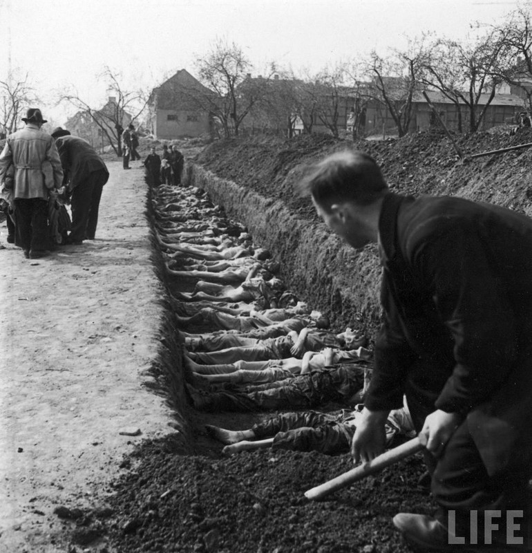 German civilians being forced by the Allies to bury prisoners killed at the Nordhausen concentration camp, Germany, April 1945