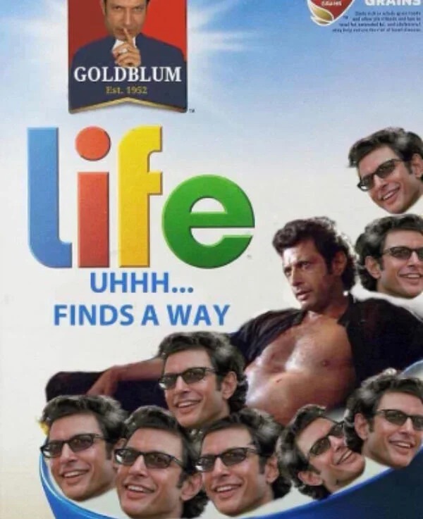 photoshopped pics - jeff goldblum memes - Goldblum Est. 1952 life Uhhh... Finds A Way Sha Mais