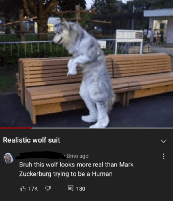 funny comments - photo caption - Realistic wolf suit .8mo ago Bruh this wolf looks more real than Mark Zuckerburg trying to be a Human 17K 180