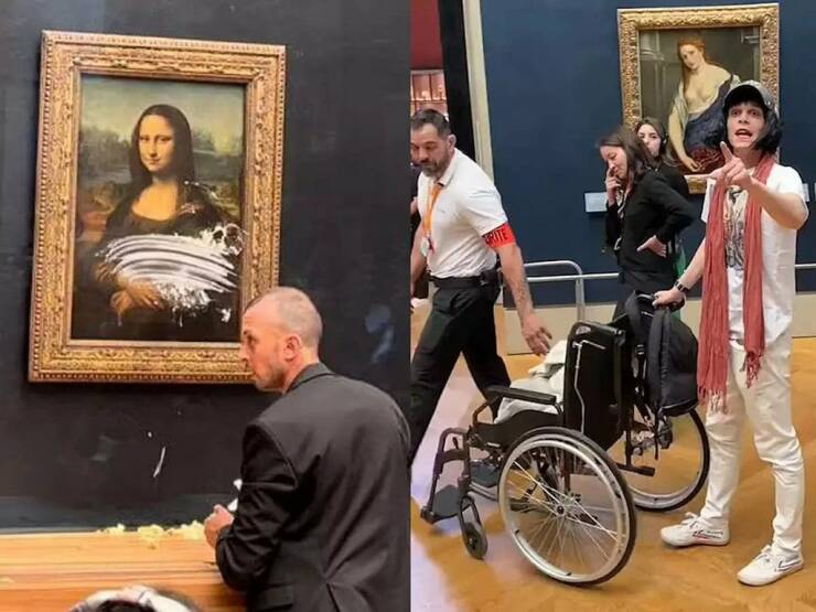 "A man disguised as an old woman in a wheelchair stood up and threw a cake at the Mona Lisa at Louvre Museum in Paris."