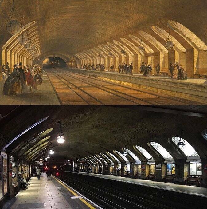 "The world’s oldest underground station, Baker Street, England. 157 years apart."