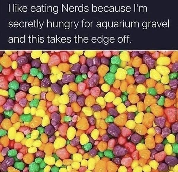 accurate memes - dank memes - candy nerds - I eating Nerds because I'm secretly hungry for aquarium gravel and this takes the edge off.