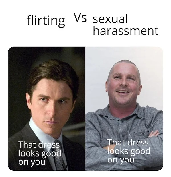 accurate memes - dank memes - flirting Vs sexual harassment That dress looks good on you That dress looks good on you