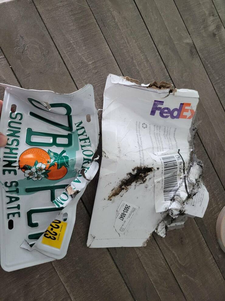 "How my new license plate was delivered by FedEx. 1 day late."
