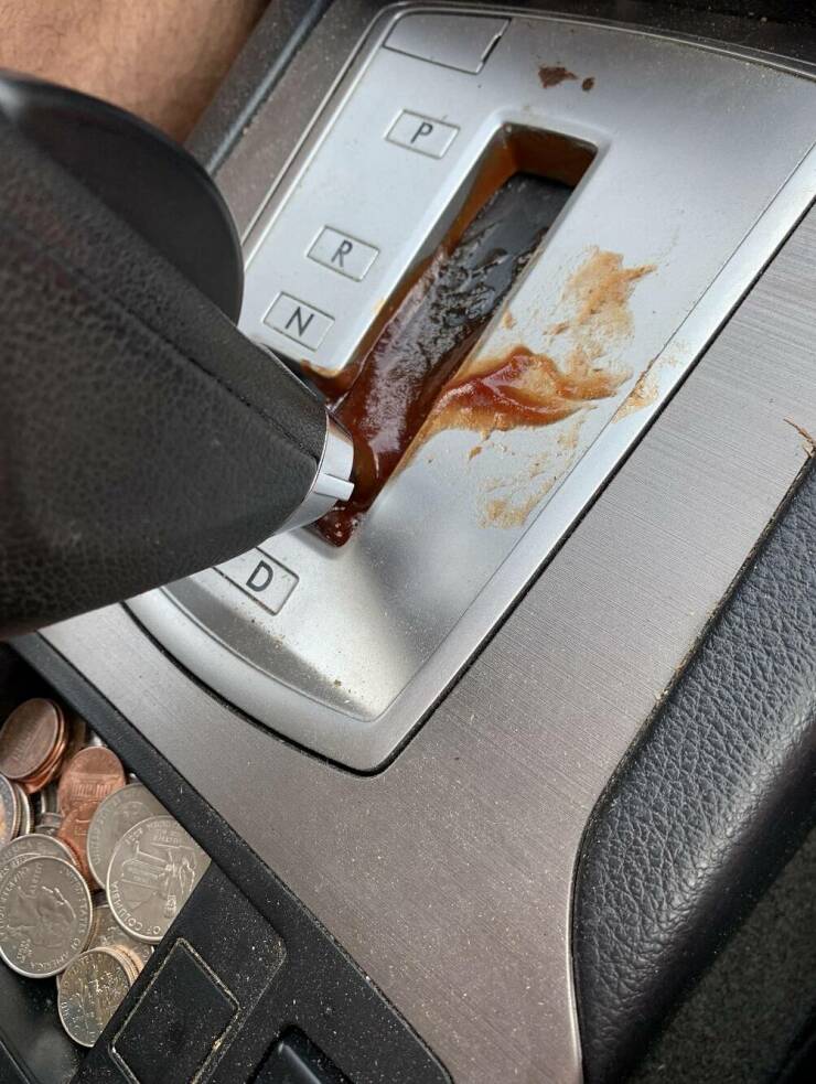 "Eating while driving and spilled barbecue sauce in the worst place possible"