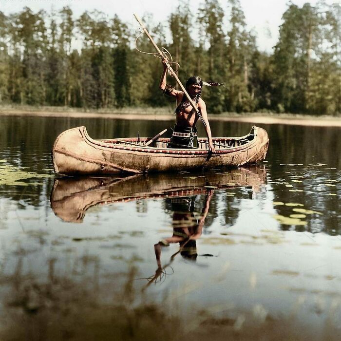 historical photos - colorized - native american spear fishing