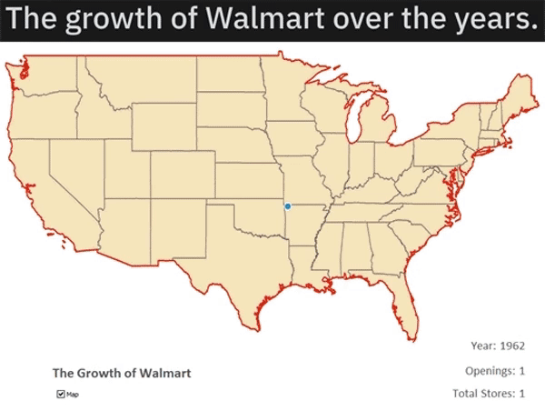 helpful guides - infographics - walmart growth gif - The growth of Walmart over the years. Year 1962 The Growth of Walmart Openings 1 Total Stores 1