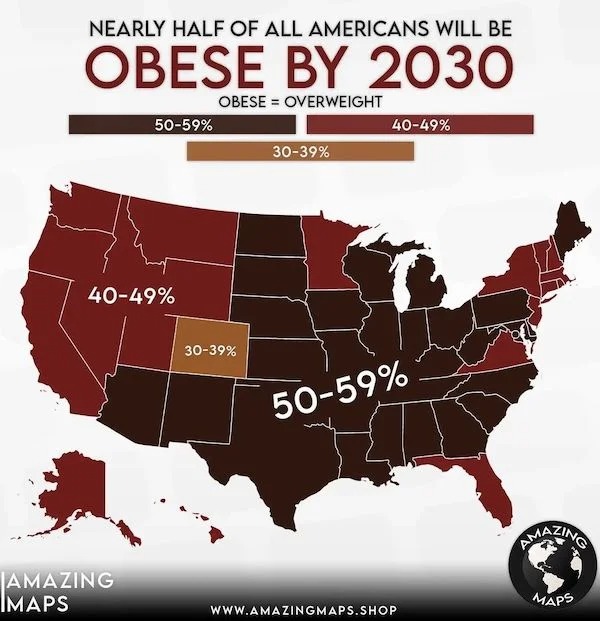 helpful guides - infographics - 99th congress - Nearly Half Of All Americans Will Be Obese By 2030 Obese Overweight 5059% 4049% 3039% 5059% 4049% Amazing Imaps 3039% Maps