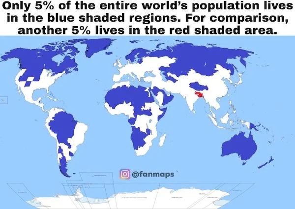 helpful guides - infographics - lizard world map - Only 5% of the entire world's population lives in the blue shaded regions. For comparison, another 5% lives in the red shaded area.