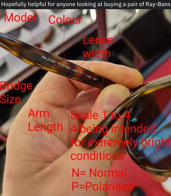 helpful guides - infographics - nail - Hopefully helpful for anyone looking at buying a pair of RayBans Mode Colour Ler se width Rb 2180 71083 49021 145 3P Budge Size Arm Length Scale 104 4 being intende for extremely brigh conditions N Normal PPolarised