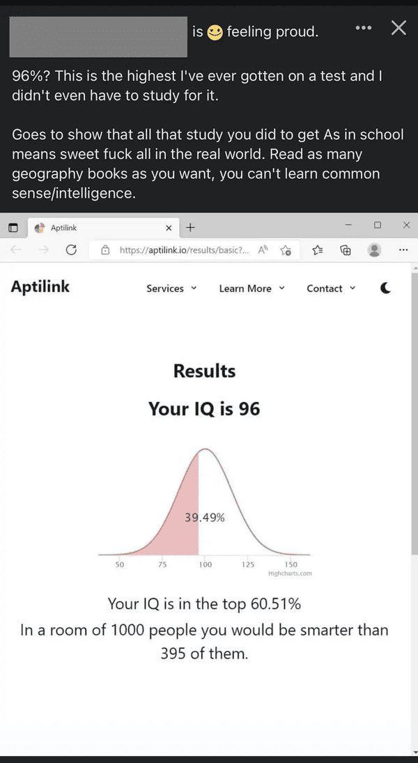 cringe pics - - is feeling proud. 96%? This is the highest I've ever gotten on a test and I didn't even have to study for it. Goes to show that all that study you did to get As in school means sweet fuck all in the real world. Read as many geography books