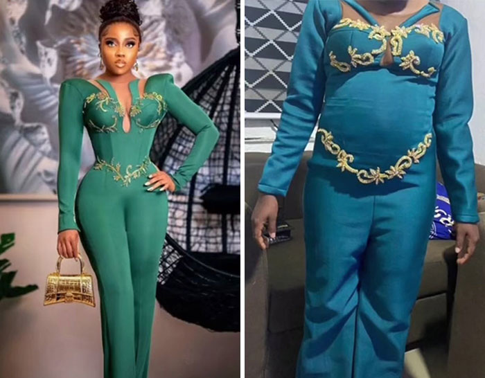 People Who Regret Shopping Online - dissatisfied customer shows jumpsuit she ordered - Up or