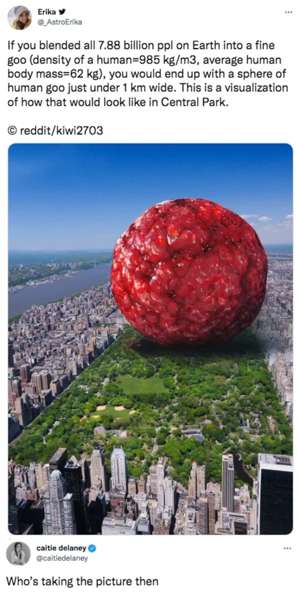 if you blended all 7.88 billion - Erika y If you blended all 7.88 billion ppl on Earth into a fine goo density of a human985 kgm3, average human body mass62 kg, you would end up with a sphere of human goo just under 1 km wide. This is a visualization of h