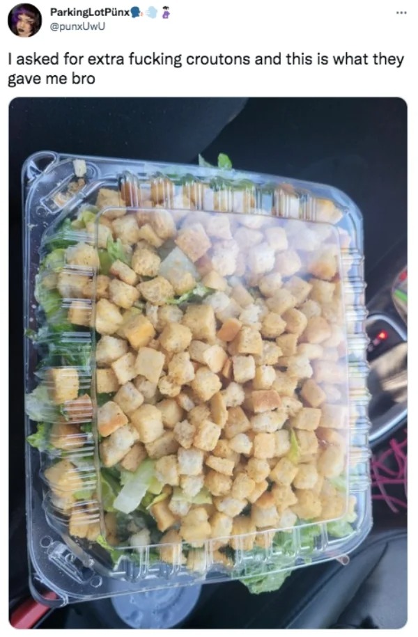 vegetable - 2 ParkingLotPnx I asked for extra fucking croutons and this is what they gave me bro