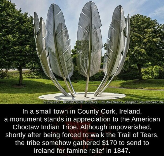 kindred spirits ireland - ccbysa2.0Kindred Spirits sculpture,... by Mike Searle geograph.org.ukp 5448194 In a small town in County Cork, Ireland, a monument stands in appreciation to the American Choctaw Indian Tribe. Although impoverished, shortly after 