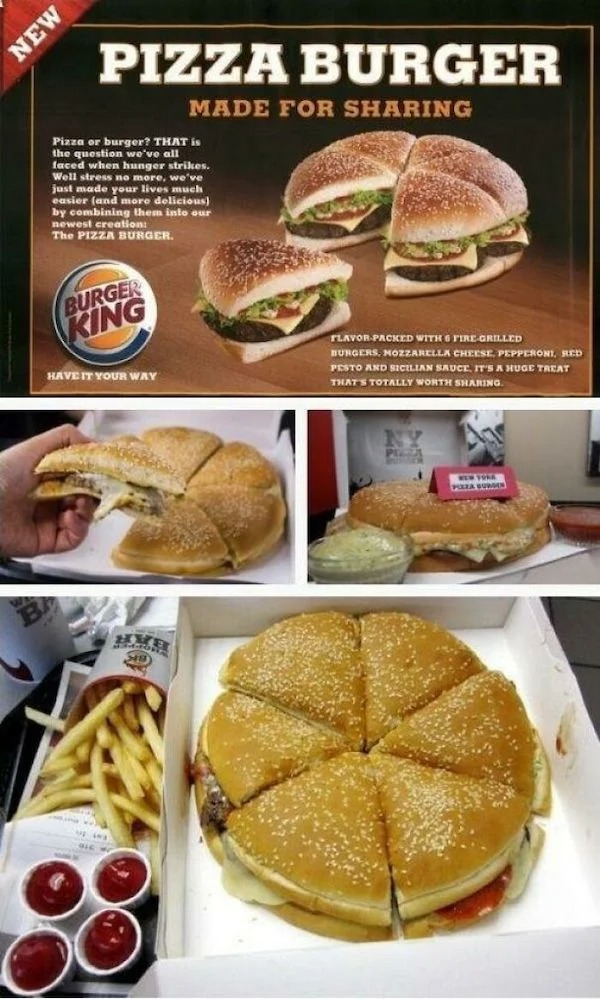 vintage ads - pizza burger burger king - Pizza Burger Made For Sharing Pizza or burger? That is the question we've all faced when hunger strikes. Well stress no more, we've just made your lives much easier and more delicious by combining them into our new