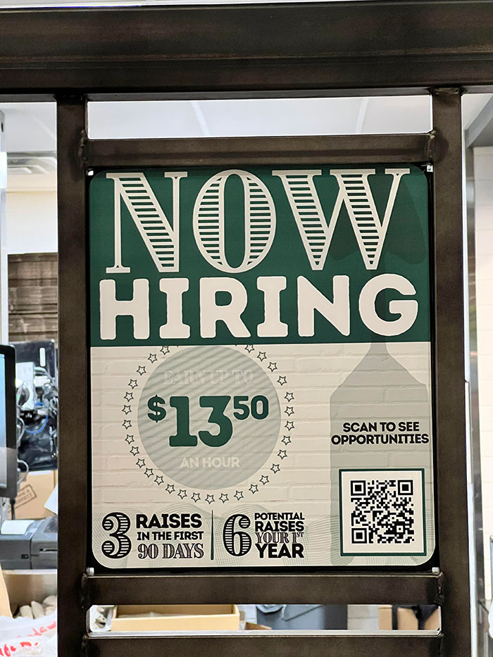 evil design tricks - poster - Now Hiring Bar $13.5 Scan To See Opportunities An Hour Raises In The First 90 Days 6 Potential Raises Your 1ST Year