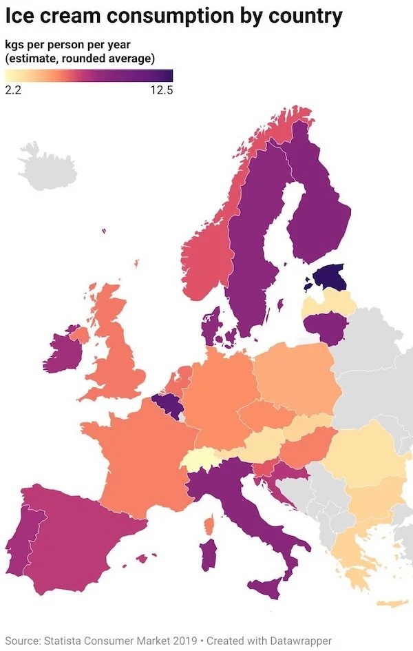 cool charts - infographics - eu energy dependency - Ice cream consumption by country kgs per person per year estimate, rounded average 2.2 12.5 Source Statista Consumer Market 2019. Created with Datawrapper