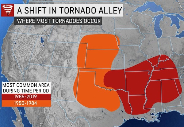cool charts - infographics - tornado alley shifting east - A Shift In Tornado Alley Where Most Tornadoes Occur Most Common Area During Time Period 19852019 19501984