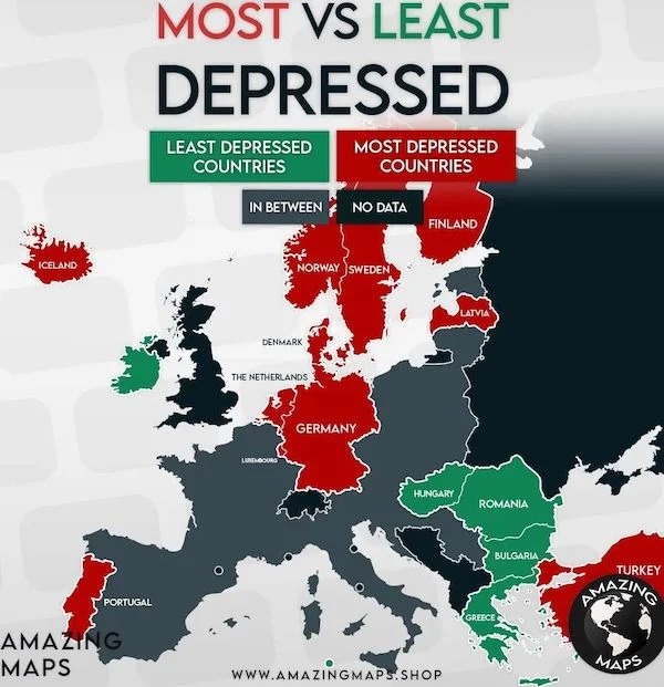 cool charts - infographics - simple map europe - Iceland Portugal Amazing Maps Most Vs Least Depressed Least Depressed Countries Most Depressed Countries In Between No Data Finland Norway Sweden Denmark The Netherlands Lund Germany Hungary Latvia Romania 
