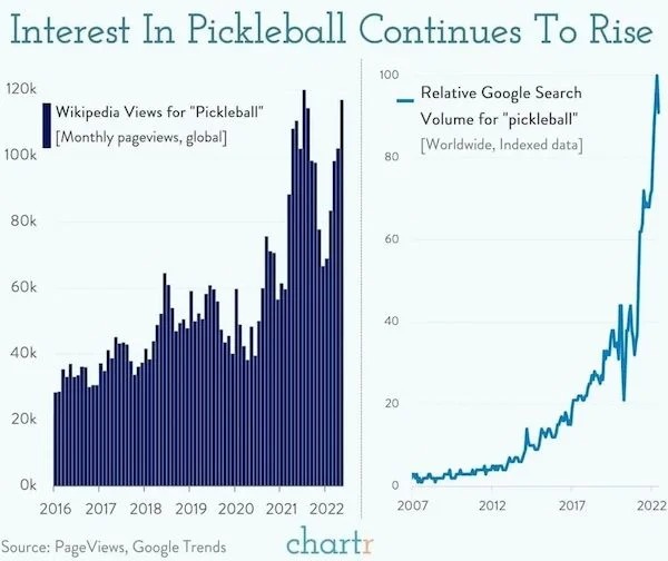 cool charts - infographics - diagram - Interest In Pickleball Continues To Rise Wikipedia Views for "Pickleball" Relative Google Search Volume for "pickleball" Worldwide, Indexed data Monthly pageviews, global 80k 60k 40k 20k Ok 2016 2017 2018 2019 2020 2