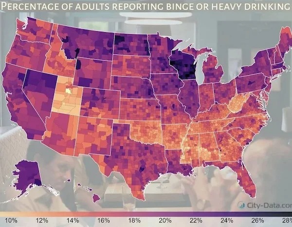 cool charts - infographics - binge drinking map usa - Percentage Of Adults Reporting Binge Or Heavy Drinking CityData.com 10% 12% 14% 16% 18% 20% 22% 26% 28% 24%