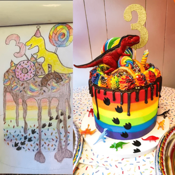 When your 3 year old asks for a rainbow dinosaur donut birthday you deliver. Drew up the design and had it made and they did an awesome job.