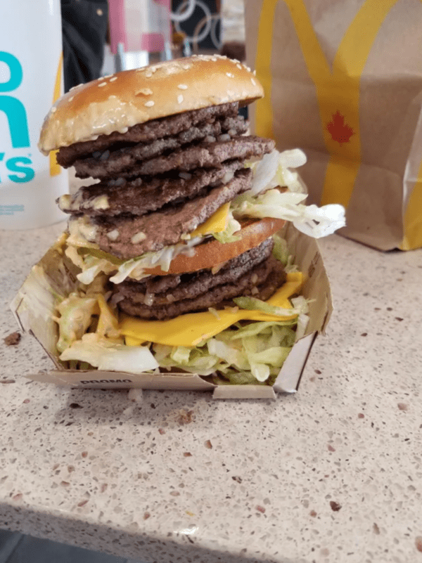 Ordered a double big mac last year. Used the self service machine and added as many patties as it would let me. I can’t remember what the number was but this was the outcome.