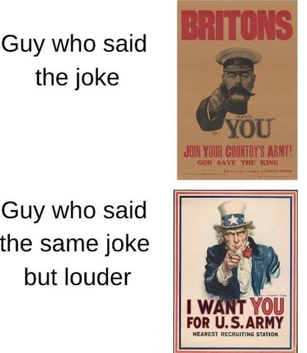 History memes - want you for us army - Guy who said the joke Guy who said the same joke but louder Britons Wants You Join Your Country'S Army! God Save The King be Erco Un Tan I Want You For U.S.Army Nearest Recruiting Station