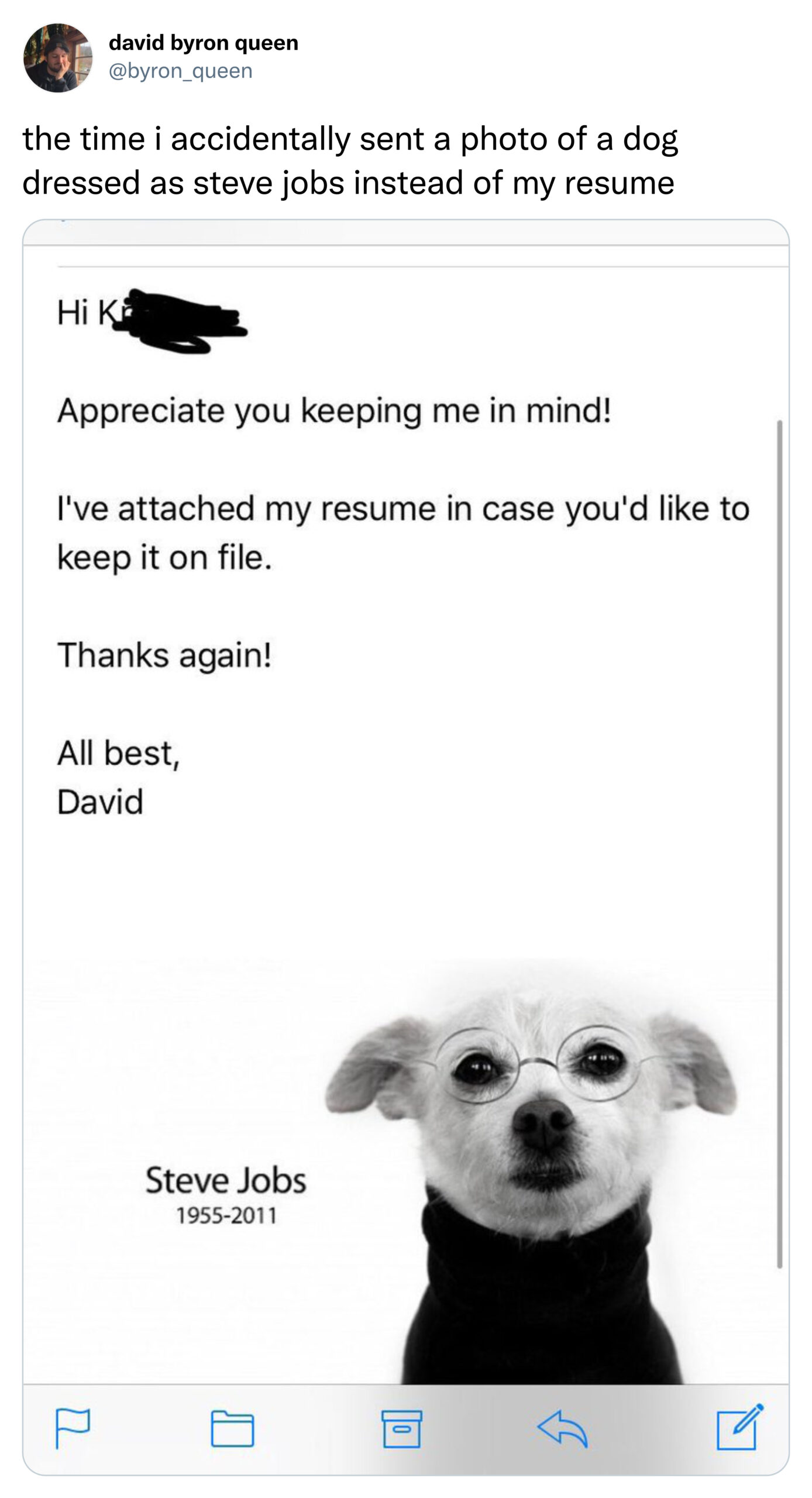 funny tweets - dog - david byron queen the time i accidentally sent a photo of a dog dressed as steve jobs instead of my resume Hi K Appreciate you keeping me in mind! I've attached my resume in case you'd to keep it on file. Thanks again! All best, David