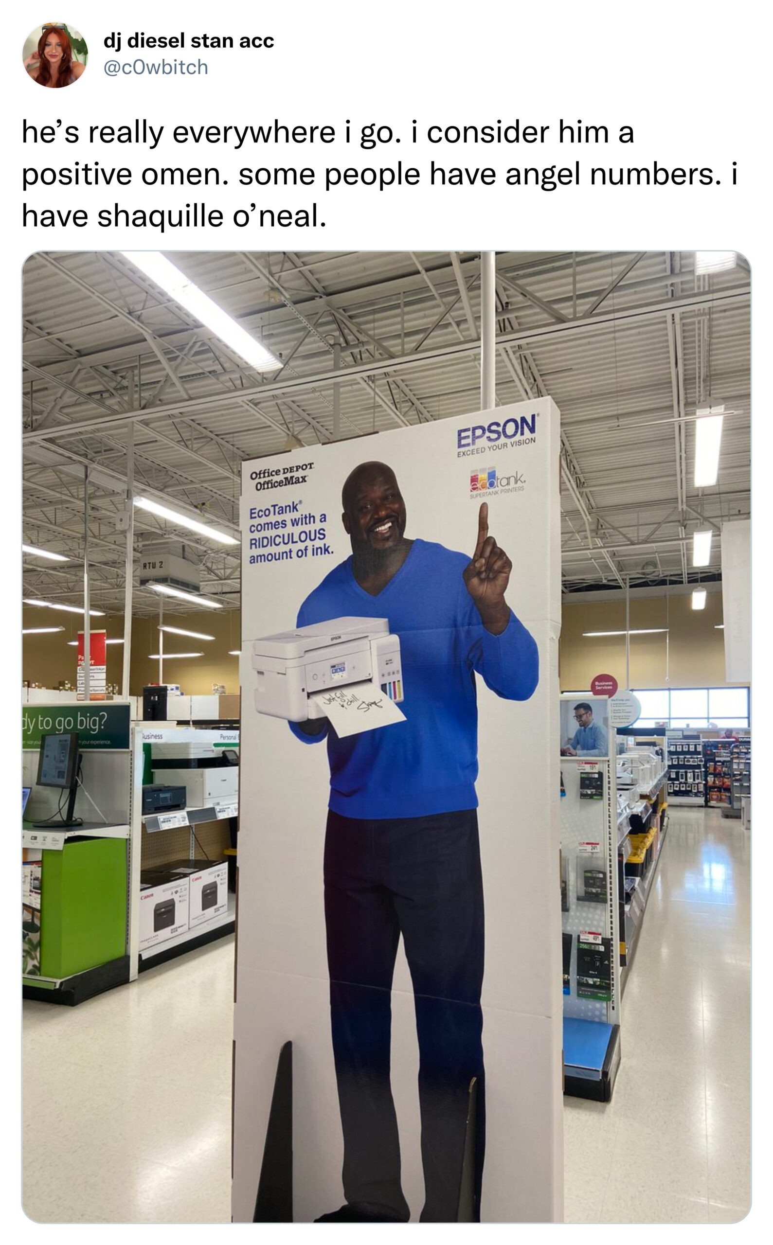 funny tweets - dj diesel stan acc he's really everywhere i go. i consider him a positive omen. some people have angel numbers. i have shaquille o'neal. Epson Este t Noculous