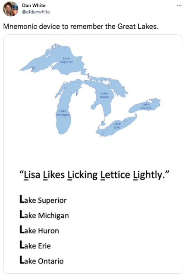 funny tweets - great lakes silhouette - Dan White Mnemonic device to remember the Great Lakes. Lake Superior Lake Huron Lake Ontario Lake Michigan Lake Erie "Lisa Licking Lettice Lightly." Lake Superior Lake Michigan Lake Huron Lake Erie Lake Ontario www