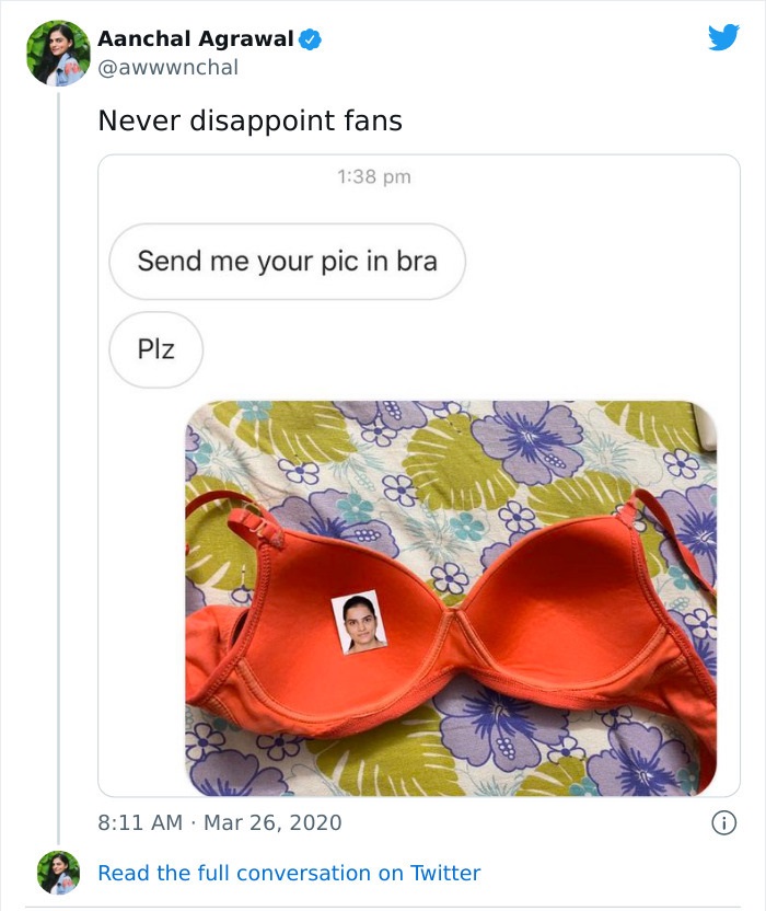 clever and smartass people - aanchal agarwal comedian - Aanchal Agrawal Never disappoint fans Send me your pic in bra Plz 83 Read the full conversation on Twitter