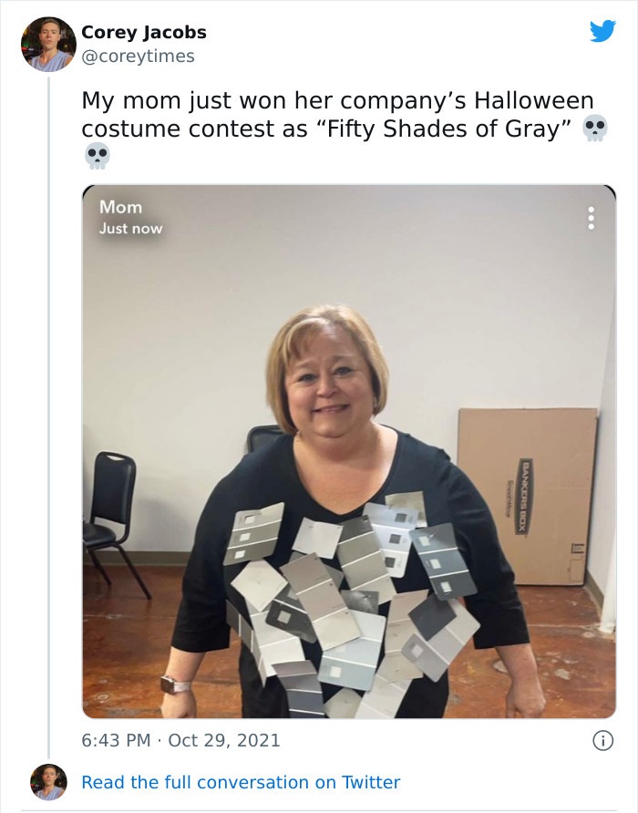 clever and smartass people - 50 shades of grey halloween costume - Corey Jacobs My mom just won her company's Halloween costume contest as "Fifty Shades of Gray" Mom Just now Read the full conversation on Twitter Bankers Bcix