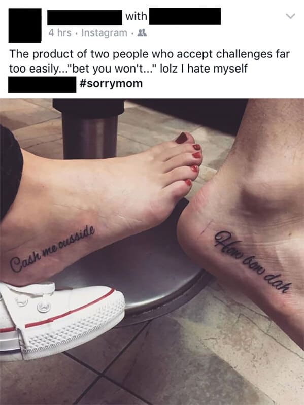 Meme tattoos - The product of two people who accept challenges far too easily...