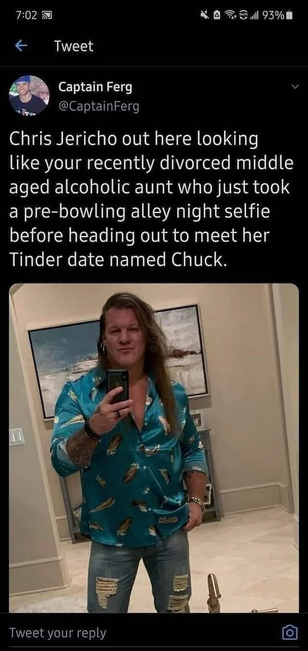 chris jericho aunt meme - Tweet Captain Ferg 93% Chris Jericho out here looking your recently divorced middle aged alcoholic aunt who just took a prebowling alley night selfie before heading out to meet her Tinder date named Chuck. Tweet your