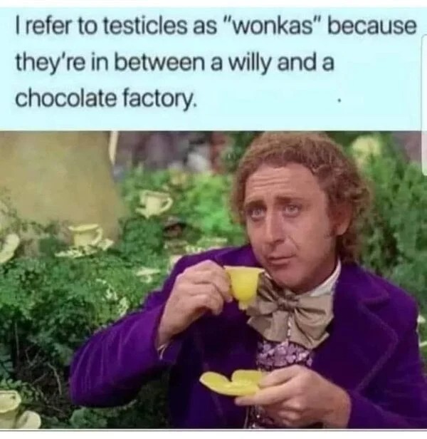 willy wonka and the chocolate factory - I refer to testicles as "wonkas" because they're in between a willy and a chocolate factory.