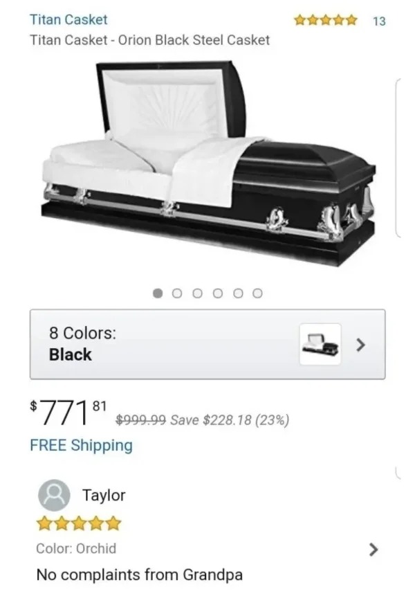 funny comments that hit the mark - purple casket - Titan Casket Titan Casket Orion Black Steel Casket 8 Colors Black $77181 $999.99 Save $228.18 23% Free Shipping Taylor Color Orchid No complaints from Grandpa 13