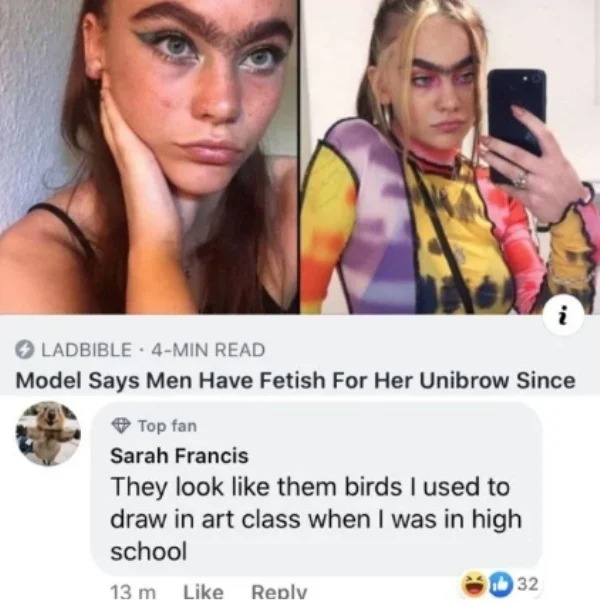 funny comments that hit the mark - danish model - Ladbible 4Min Read Model Says Men Have Fetish For Her Unibrow Since Top fan Sarah Francis They look them birds I used to draw in art class when I was in high school 32 13 m