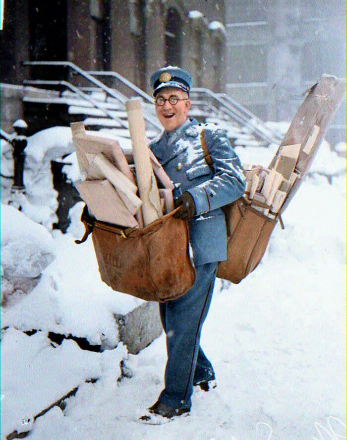 colorized photos from history - Mailman N. Sorenson Poses With His Heavy Load Of Christmas Mail And Parcels, Chicago, 1929