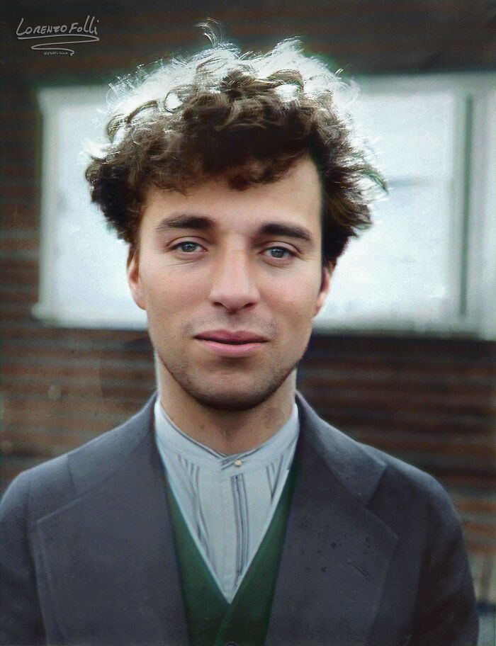 colorized photos from history - Photo Of Charlie Chaplin As A Young Man Without Makeup On In Circa, 1916.